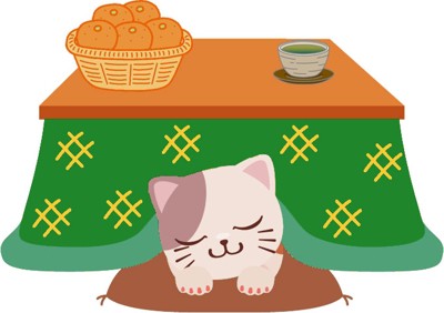 みかんの置いてあるこたつで眠る猫のイラスト