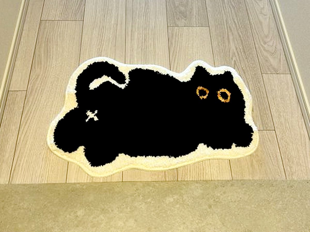 『飼っている黒猫にそっくりな玄関マット』をしいた結果…『完全に同化している光景』が177万表示「ふ、踏んじゃいそう」「３Dになるマット」
