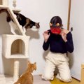 彼女のことが大好きな猫に『鬼のお面をつけた彼女』が対面したら…まさ…