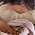 保護子猫を抱っこする『2歳の女の子』、まるで小さなお母さんのようで…