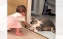 ハイハイしていた赤ちゃんが急に立ち上がった結果…猫の『まさかの反応…