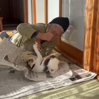 おばあちゃんに前足を伸ばす猫2