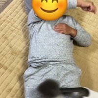 仰向けで寝ている人と猫じゃらしを追いかけている猫