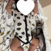 寝ている赤ちゃんに寄り添って体を伸ばして寝ている子猫