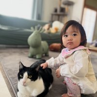 しゃがんで猫を触る子ども