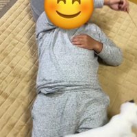 仰向けで寝ている人と猫じゃらしを追いかけている猫