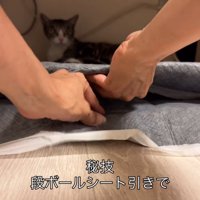 シーツを抜く人の手