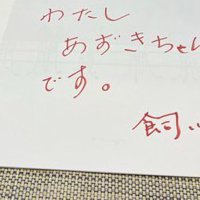 紙に書かれた「わたし、あずきちゃんです。」の文字
