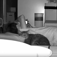 猫と寝転がっている飼い主