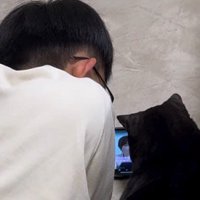 横になって一緒に動画を見る猫と男の子