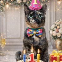 1歳の誕生日祝いの加工がされている猫