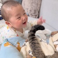 赤ちゃんを尻尾であやすキジトラ猫