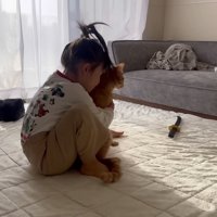 とらまるを抱きしめる娘さん