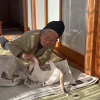 おばあちゃんに前足を伸ばす猫