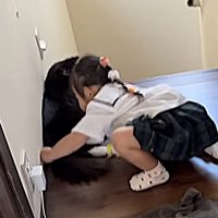 猫に妹がハグする様子