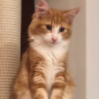 キャットタワーに座っているノルウェージャンフォレストキャットの子猫