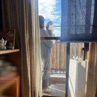 ベランダにいる猫と人