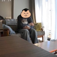 ソファに座って猫を抱っこしている男性（体真っ直ぐ）