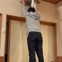 座布団を掲げる飼い主と猫