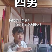 宿題をしている男の子と猫