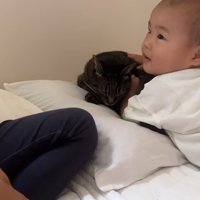 ベッドの上にいる子供と猫