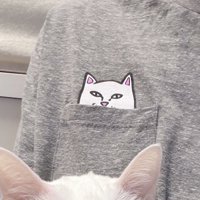 飼い主の胸ポケットに書かれている白猫のイラスト