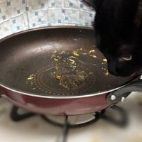 フライパンの匂いを嗅ぐ猫