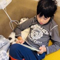 ソファでゲームをするお兄ちゃんの腕がマンチカンの首に乗っている