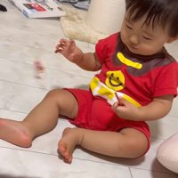 猫じゃらしを持っている赤ちゃんと子猫