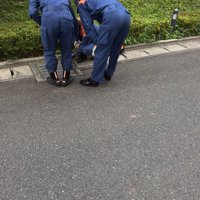 側溝を覗き込む三人の消防士