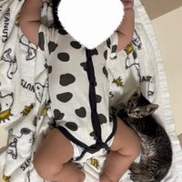 寝ている赤ちゃんに寄り添って寝ている子猫