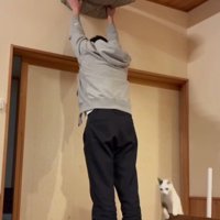 座布団を掲げる飼い主と猫