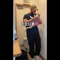 玄関で抱っこされる猫