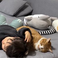 子供の後頭部に前足を添えて寝ている猫