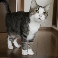 フローリングの上に立つキジ白猫