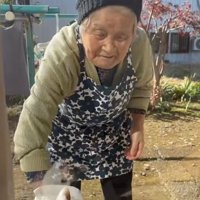 まどふきをするおばあさんとミケ猫