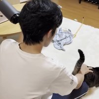 ドライヤー中の息子さん（右手にキジ白猫ちゃん）