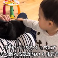 猫を抱いて子供の世話をする人