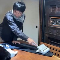 服の毛を取る飼い主と猫
