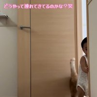 寝室に入ってくる男の子と猫