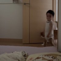 寝室に入ってくる男の子と猫