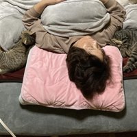 布団で寝る飼い主と猫