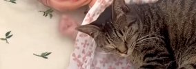 生まれたばかりの赤ちゃんに寄り添って眠る猫→次の瞬間、猫のぬくもり…