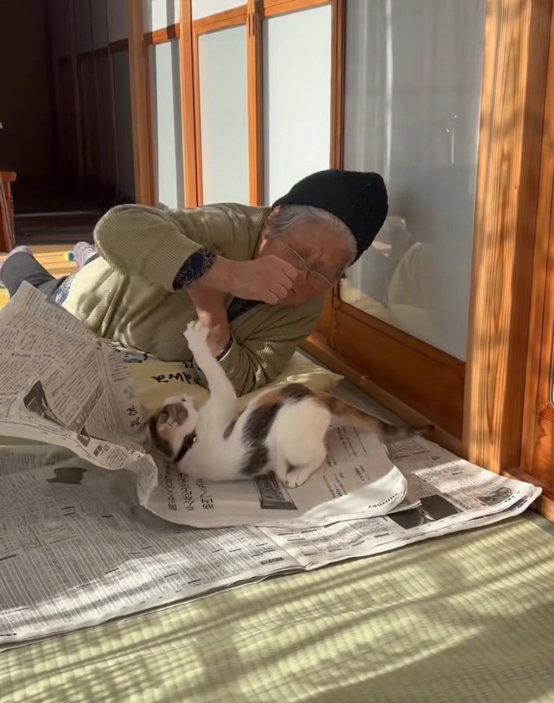 おばあちゃんに前足を伸ばす猫2
