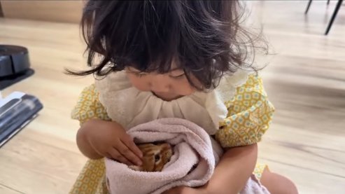 目を開けている子猫を見ながら指3本を子猫の頭につけている子供