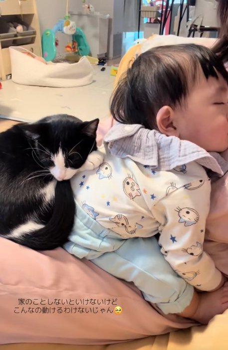 飼い主さんの膝の上で寝ている顔がやや見切れた赤ちゃんに乗っかっている猫