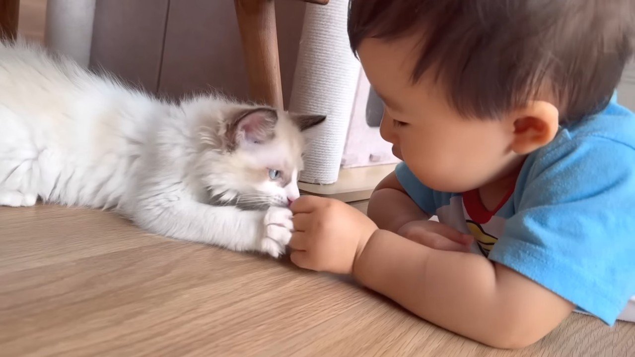 赤ちゃんの手に顔を寄せて