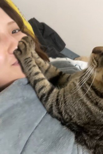 猫に口封じされて笑顔になる飼い主