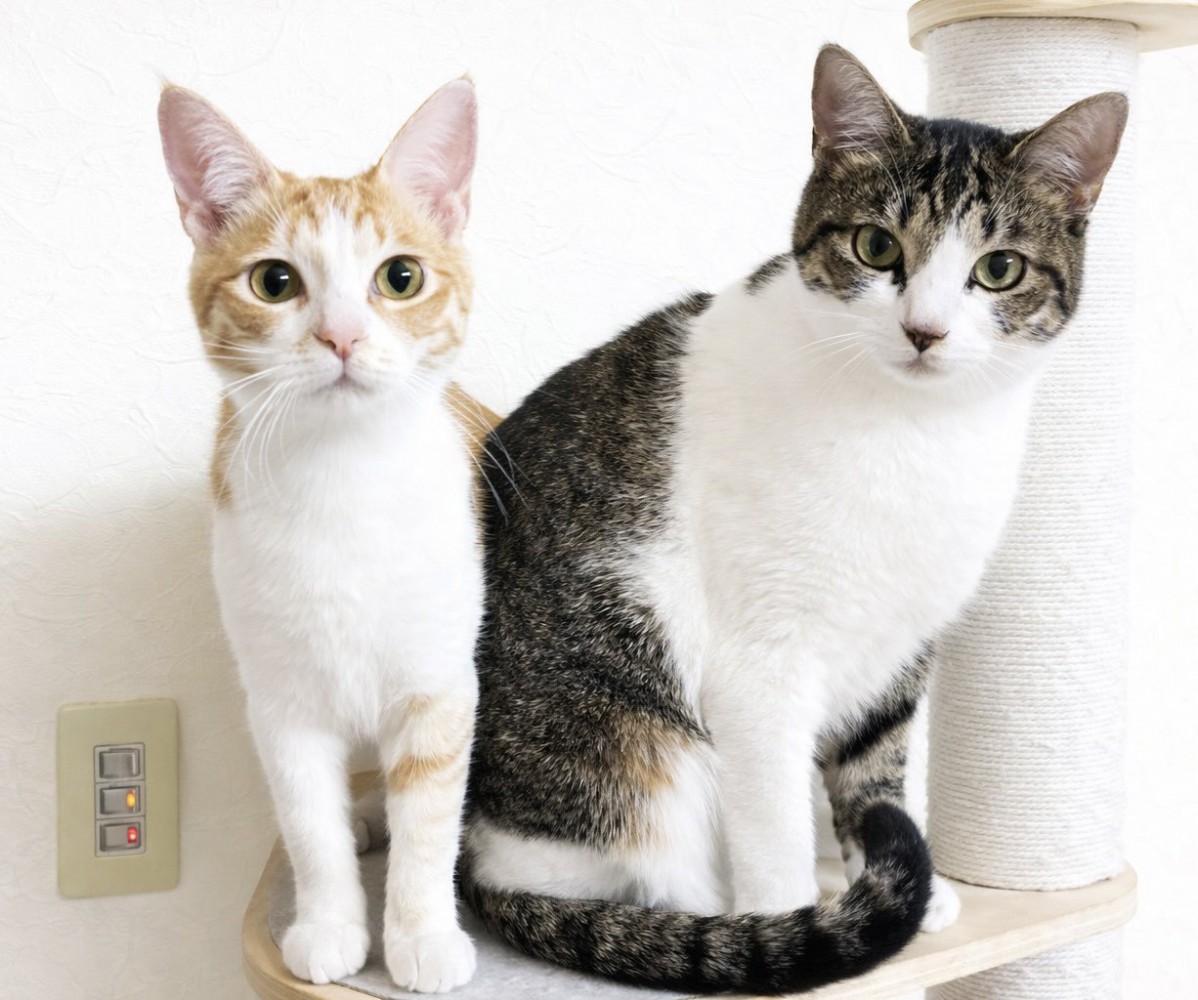 茶白とキジ白の猫の2ショット