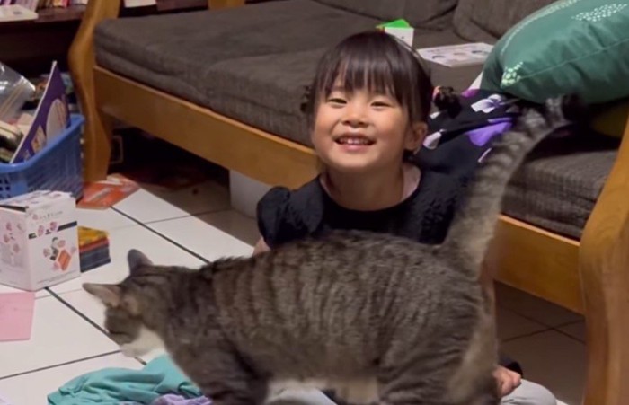 猫が近づいてきて笑顔になる女の子